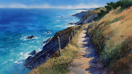 Coastal path winds along rugged cliffs beside a sparkling blue ocean