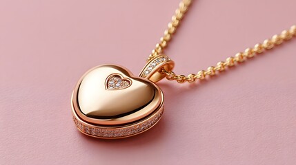 Elegant Heart Shaped Gold Pendant Necklace with Sparkling Accent on Soft Pink Background