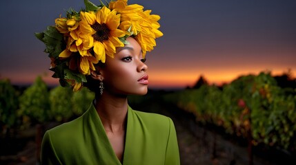 Young Woman in Green Attire with Sunflower Crown Posing in Vineyard at Sunset