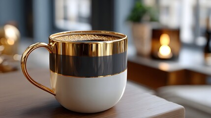 Elegant Coffee Mug with Gold Accents on a Wooden Table in a Cozy Modern Interior Setting