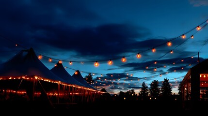 Festive Outdoor Evening Scene with Glowing Strings of Lights and Tents Under Twilight Sky