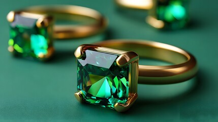 Close-Up of Elegant Emerald Green Gemstone Rings with Gold Settings on a Green Background