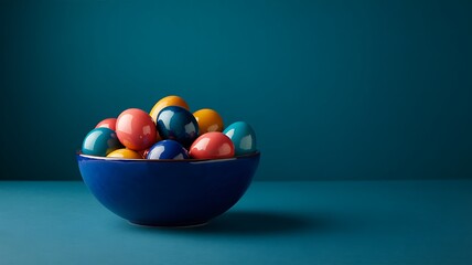 Colorful easter eggs in blue bowl on turquoise background

