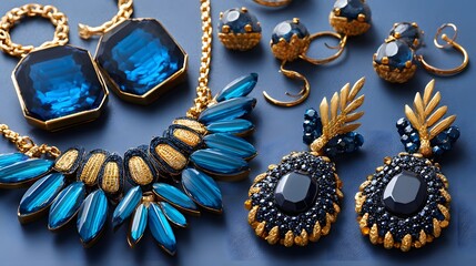 Elegant Blue and Gold Jewelry Collection Featuring Earrings and Statement Necklace on Gray Surface
