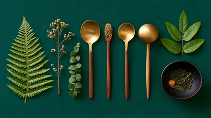 Elegant Arrangement of Golden Spoons and Assorted Greenery on a Deep Green Background