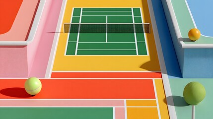 Geometric Tennis Courts with Colorful Surfaces and Balls Under Bright Sunlight