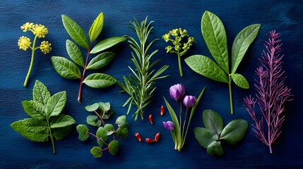 Variety of Colorful Fresh Herbs and Leaves Arranged on a Dark Blue Background