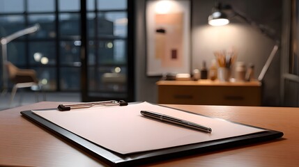 Minimalist Workspace with Clipboard and Pen on Wooden Desk in Modern Office at Night