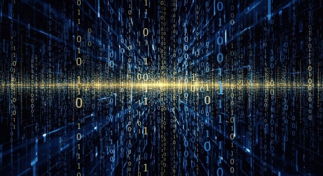 Digital Matrix: A visualization of binary code descending, showcasing an abstract representation of the digital world and data flow.