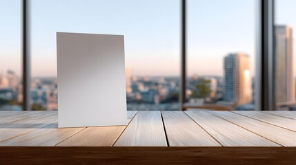 Blank Document Folder on a Wooden Table with a Cityscape View During Sunset