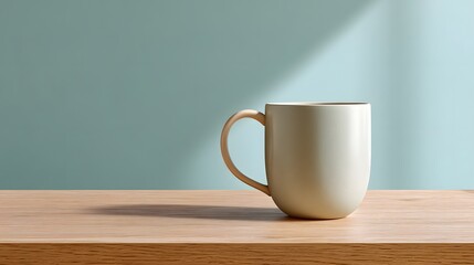 Minimalist Ceramic Mug on a Wooden Table with Soft Sunlight and Subtle Shadows