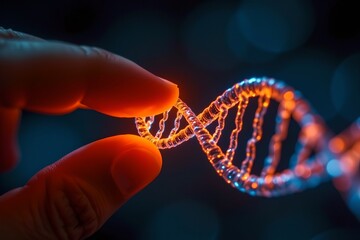 finger tip, touching a glowing dna spiral, biotech innovation concept, neon digital art, front view with shadows
