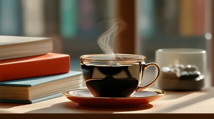 Cozy Cup of Steaming Coffee on a Wooden Table Surrounded by Colorful Books and Soft Morning Light