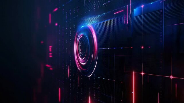 Abstract digital art featuring glowing concentric circles and grid lines