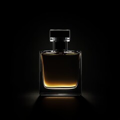 Luxurious bottle of perfume with golden liquid elegantly set against a dark black background