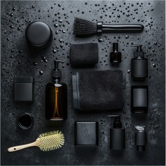 Luxurious black spa set with minimalist design on dark wet stone background