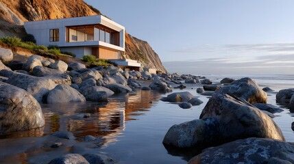 Modern Coastal House Overlooking Rocky Shoreline and Ocean at Sunrise in California