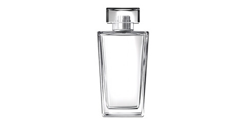 Elegant clear glass perfume bottle with silver cap on black background Concept of fragrance, luxury, and beauty