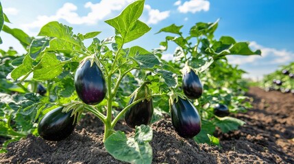 A colorful vegetable garden shows healthy eggplant plants heavy with deep purple fruits growing under warm sunlight and blue skies