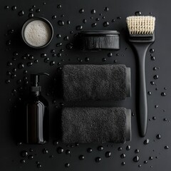 Luxury black spa set arrangement with towels soap dispenser and brush on black surface