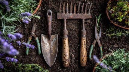 Gardening tools arrangement home garden photography earthy setting top-down view cultivating nature's beauty