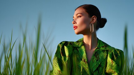 Elegant Woman in Green Fashionable Outfit Posing Amidst Lush Grass Under Clear Sky