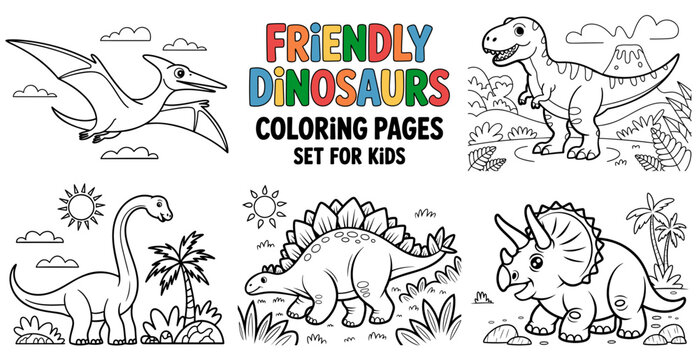 Friendly dinosaurs coloring pages featuring T-Rex, Triceratops, Stegosaurus, Brachiosaurus, and Pterodactyl for kids, vector collection