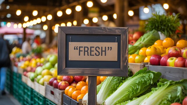 Fresh vegetables and fruits in wooden crates at local farmers market
