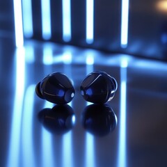 Stylish wireless earbuds with a futuristic appearance illuminated by blue neon lights