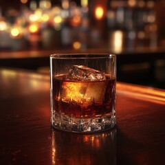 A classic cocktail on a dark wood bar with blurred lights in the background