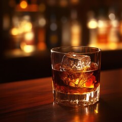 A close up of whiskey on the rocks in a clear glass on a dark wooden bar