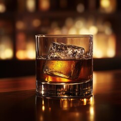 A close up shot of whiskey in a glass with a large ice cube