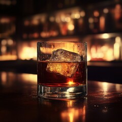 A fine whiskey drink with a large ice cube at a cozy and warm lit bar