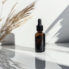 Amber glass bottle with dropper and dried plants on a white surface minimalist aesthetic