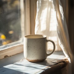 Ceramic coffee mug resting on a weathered window sill bathed in soft sunlight