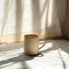 Ceramic mug resting on a white linen surface with soft natural light and shadow