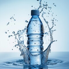 Clear bottled water amidst a dynamic splash on a smooth refreshing blue surface