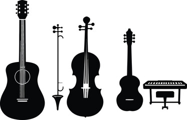 Fototapeta premium Minimalist Instrument Silhouette Set Featuring Acoustic Guitar, Erhu, Violin, Ukulele, and Keyboard on Stool — Celebrating Musical Diversity, Emotional Resonance, and Cultural Harmony in Graphic 