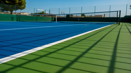 Fototapeta premium Empty tennis court with blue and green surface under bright sunlight and clear sky 