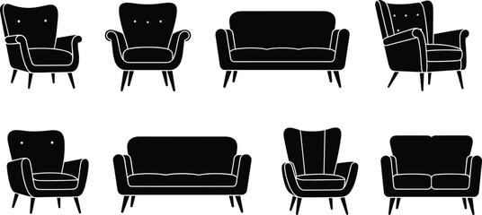 Mid-century furniture silhouette collection, retro armchair vector, vintage sofa graphic, stylish home decor set, black illustration, modern design icon