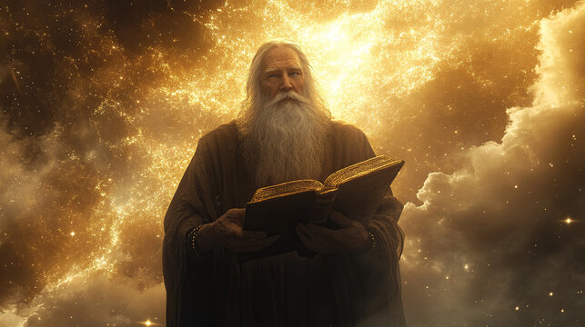 Wise old man reading book in golden light fantasy concept art for ebook cover design inspiration