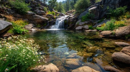 Fototapeta premium Tranquil waterfall and pool mountainous region nature photography serene environment scenic view natural beauty