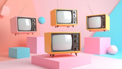 Retro TVs in a pastel-toned room