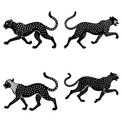 Obraz premium Four black cheetahs with white spots in various running poses on a white background illustration art