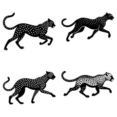 Obraz premium Four silhouette cheetahs with white spots in various poses on a white background artfully arranged