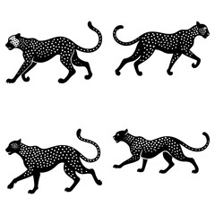 Obraz premium Four black leopards with white spots in various walking poses on a white background design art
