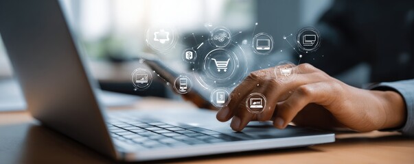 Person using laptop with digital e-commerce icons overlaid
