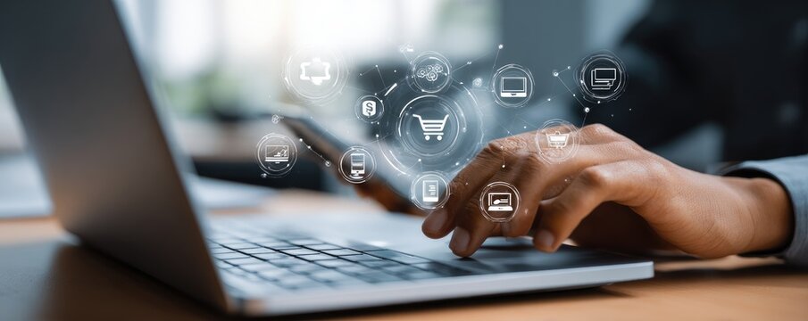 Person using laptop with digital e-commerce icons overlaid
