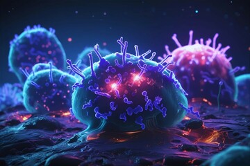 Obraz premium Abstract Microbiology Art of Bacterial Quorum Sensing – Glowing Signaling Molecules | illustration