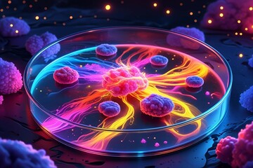 Microscopic image of bacterial colonies growing in a Petri dish, displaying vibrant, colorful organic patterns and textures. 